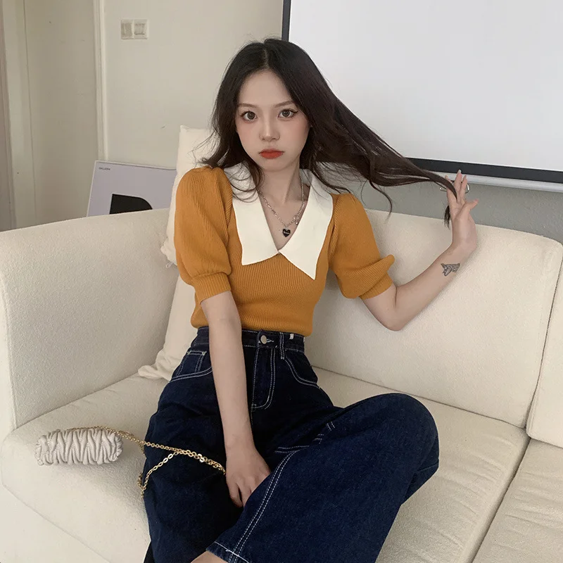 Uveng Uveng Retro Bubble Sleeve Knitted T-Shirt Women Design Small Short Top Summer New Ice T-Shirt Tide