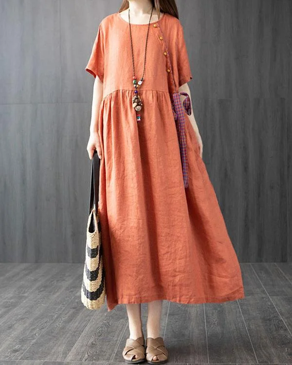 Cotton and Linen Dress Summer Loose Large Size Stitching Casual Maxi Dress