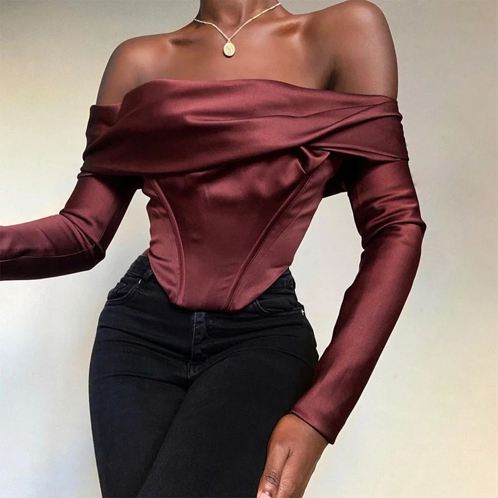 Cryptographic Off Shoulder Satin Corset Women Tops Long Sleeve Blouses Shirts Wine Elegant Shirts Sexy Backless Top Cropped