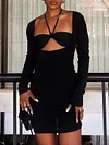 Stylish Solid Color Bandage Halterneck Long Sleeves Mini Dress Set