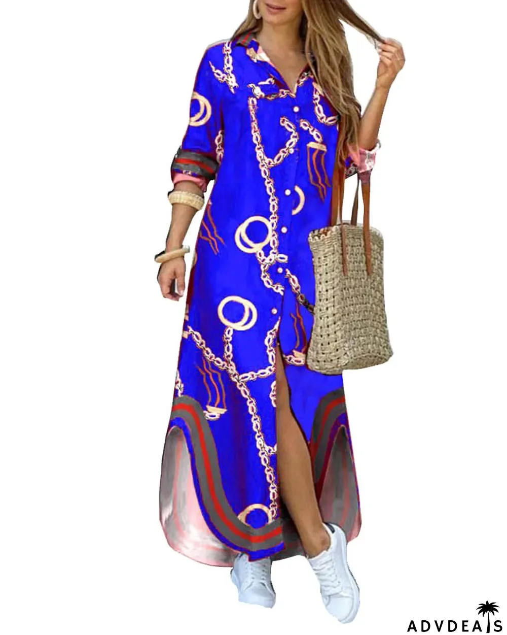 autumn and winter printed long-sleeve shirt dress