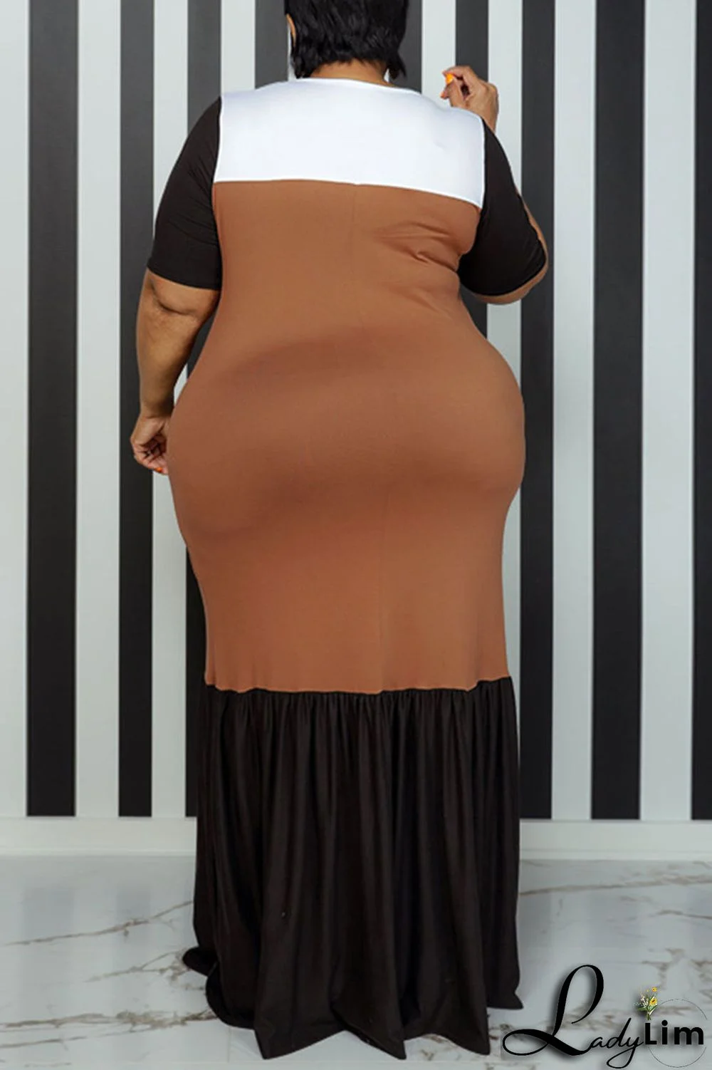 Pink Casual Solid Patchwork O Neck Straight Plus Size Dresses