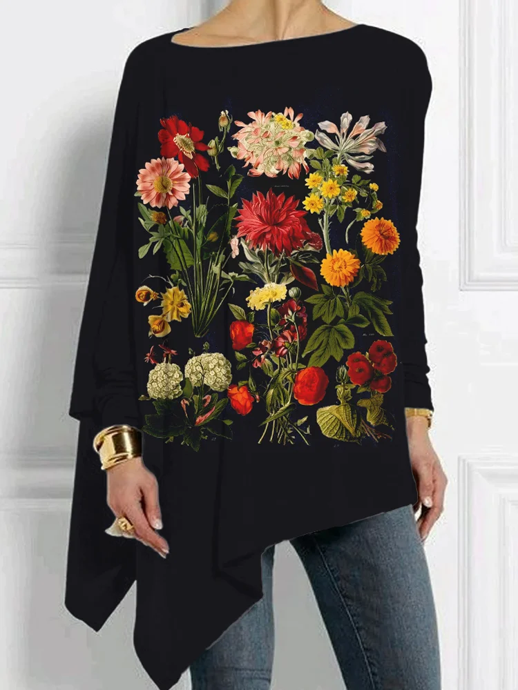 Vintage Botanical Flowers Art Bat Sleeve T Shirt