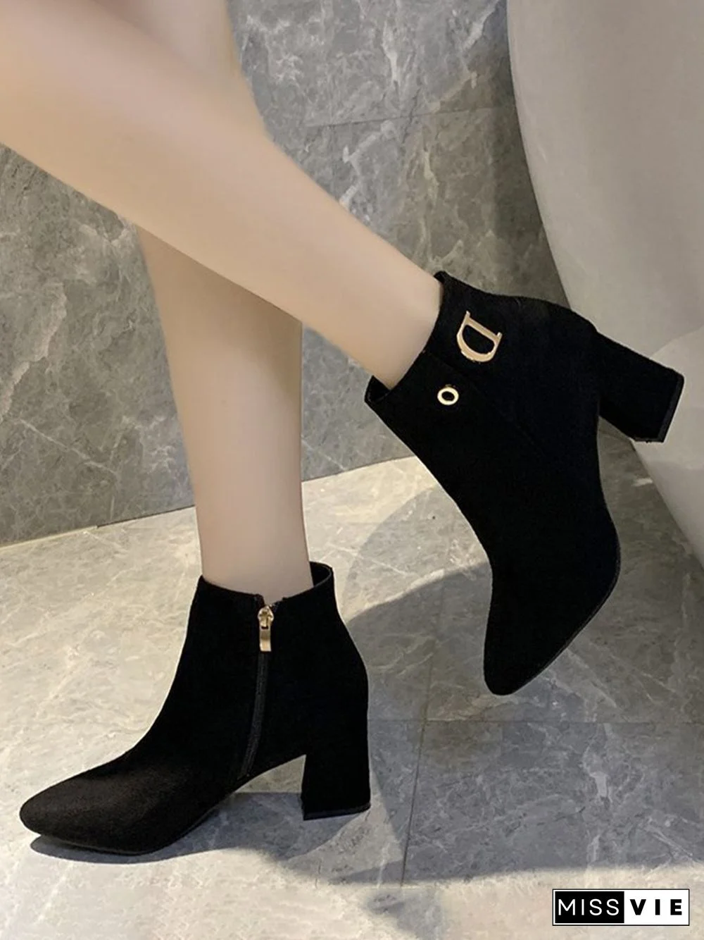 Side Zip Faux Suede Pointed Toe Chunky Heel Booties