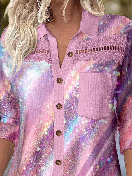 Women Long Sleeve Shirt Collar Polka Dot Striped Printed Graphic Lace Button Pockets Tops