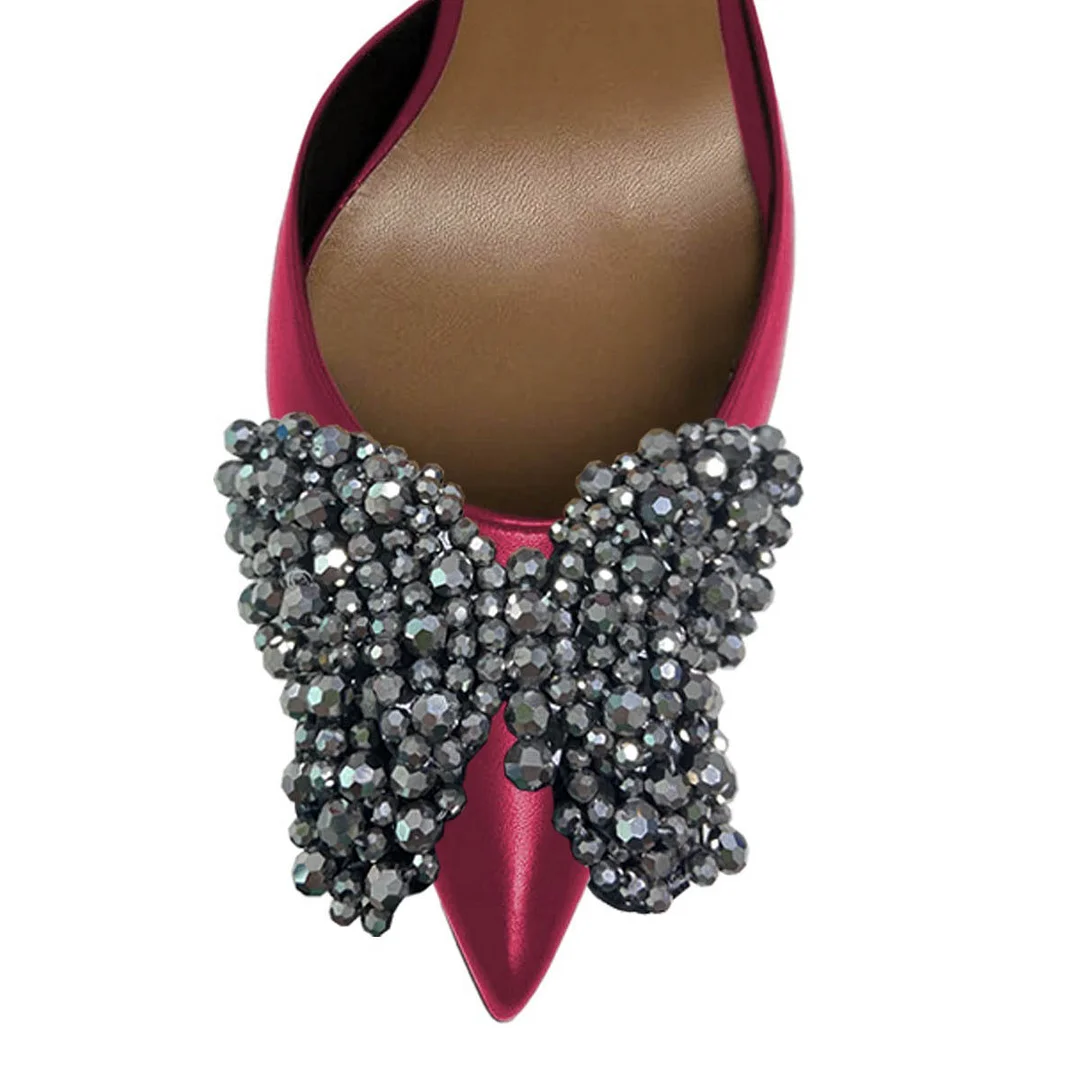 Pointed Toe Metallic Fuchsia Rhinestone Butterfly Pumps Shoes
