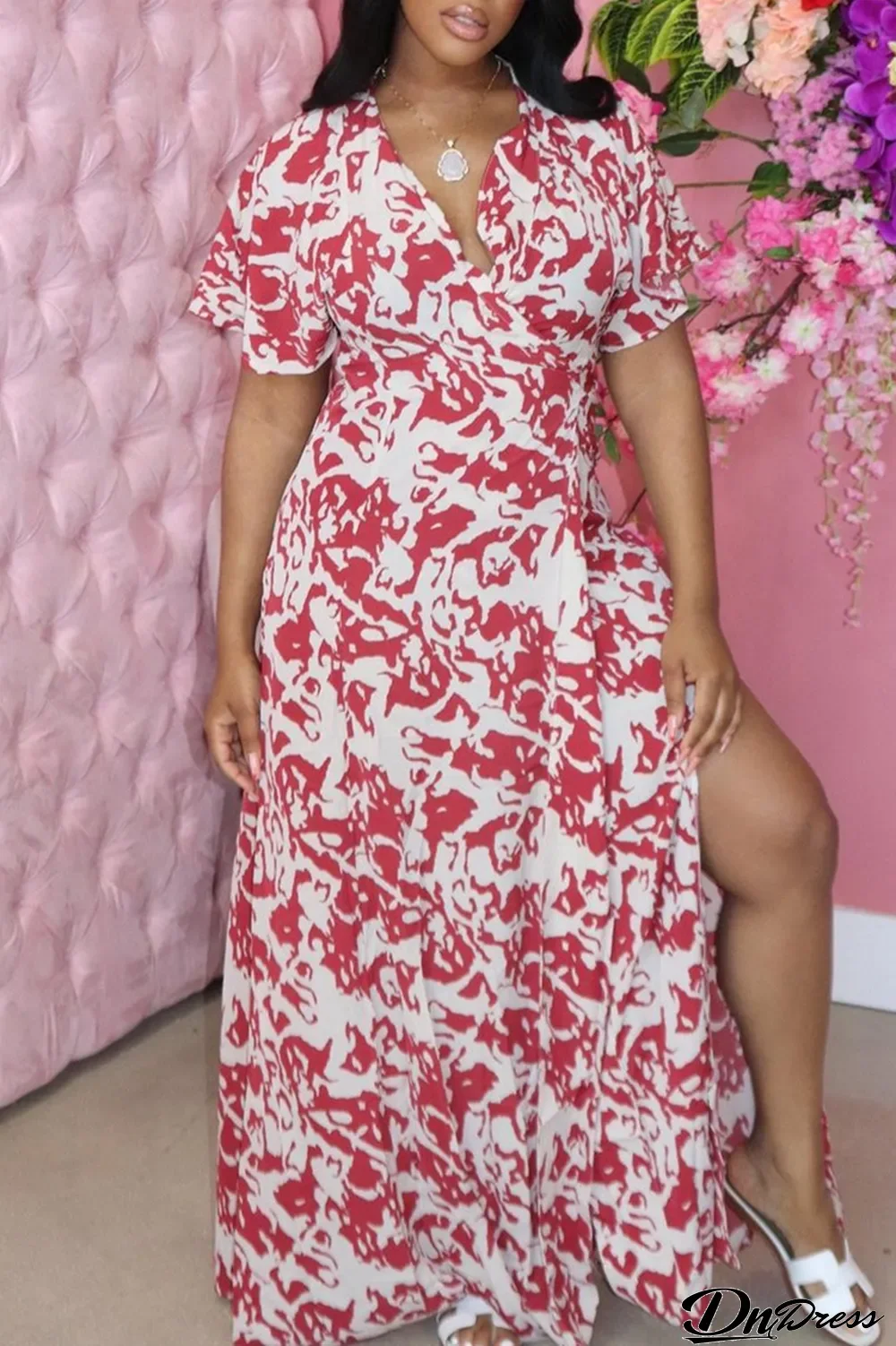 Red Fashion Casual Print Slit V Neck Short Sleeve Dress