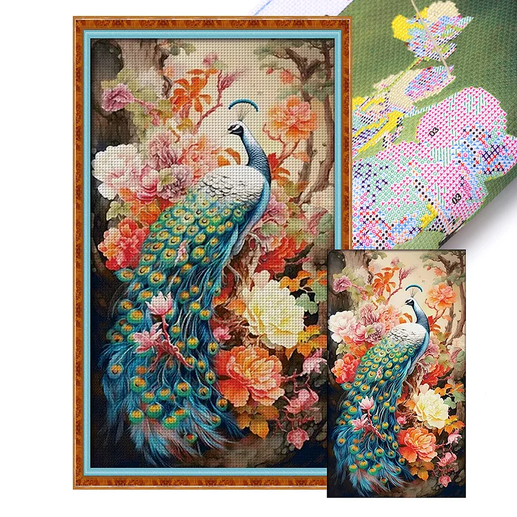 『KS Brand』Peacock Peony - 16CT Stamped Eco-Friendly Cotton Thread Cross Stitch(73*119cm)(168Colors)