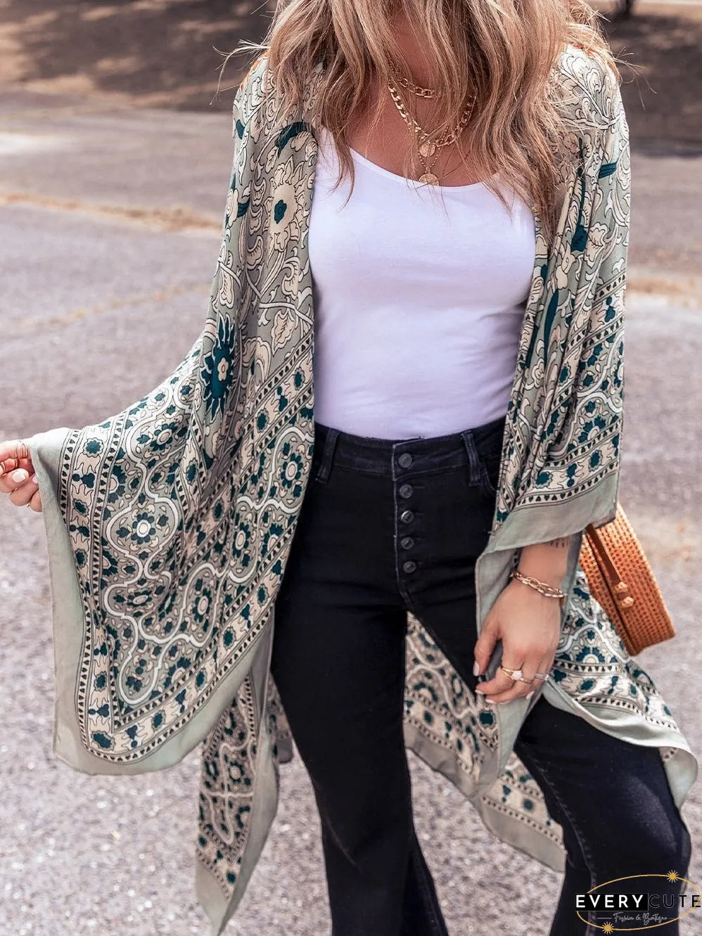 Vintage Green Floral Print Long Kimono with Split Front
