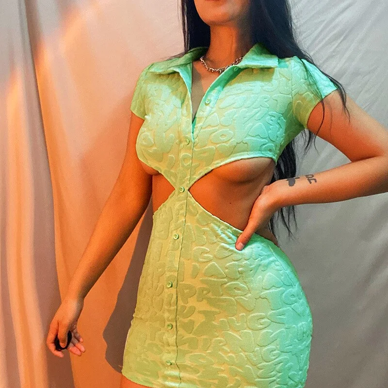 Forefair Hollow Out Sexy Party Bodycon Woman Mini Dress 2022 Summer Turn Down Collar Short Sleeve Robe Women's Dresses