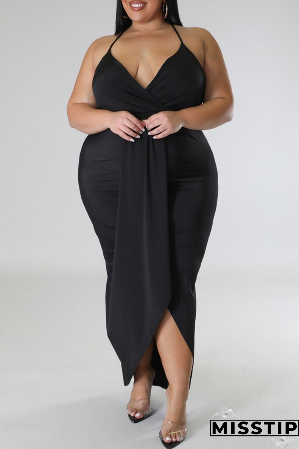 Purple Sexy Solid Patchwork Backless V Neck Sling Dress Plus Size Dresses