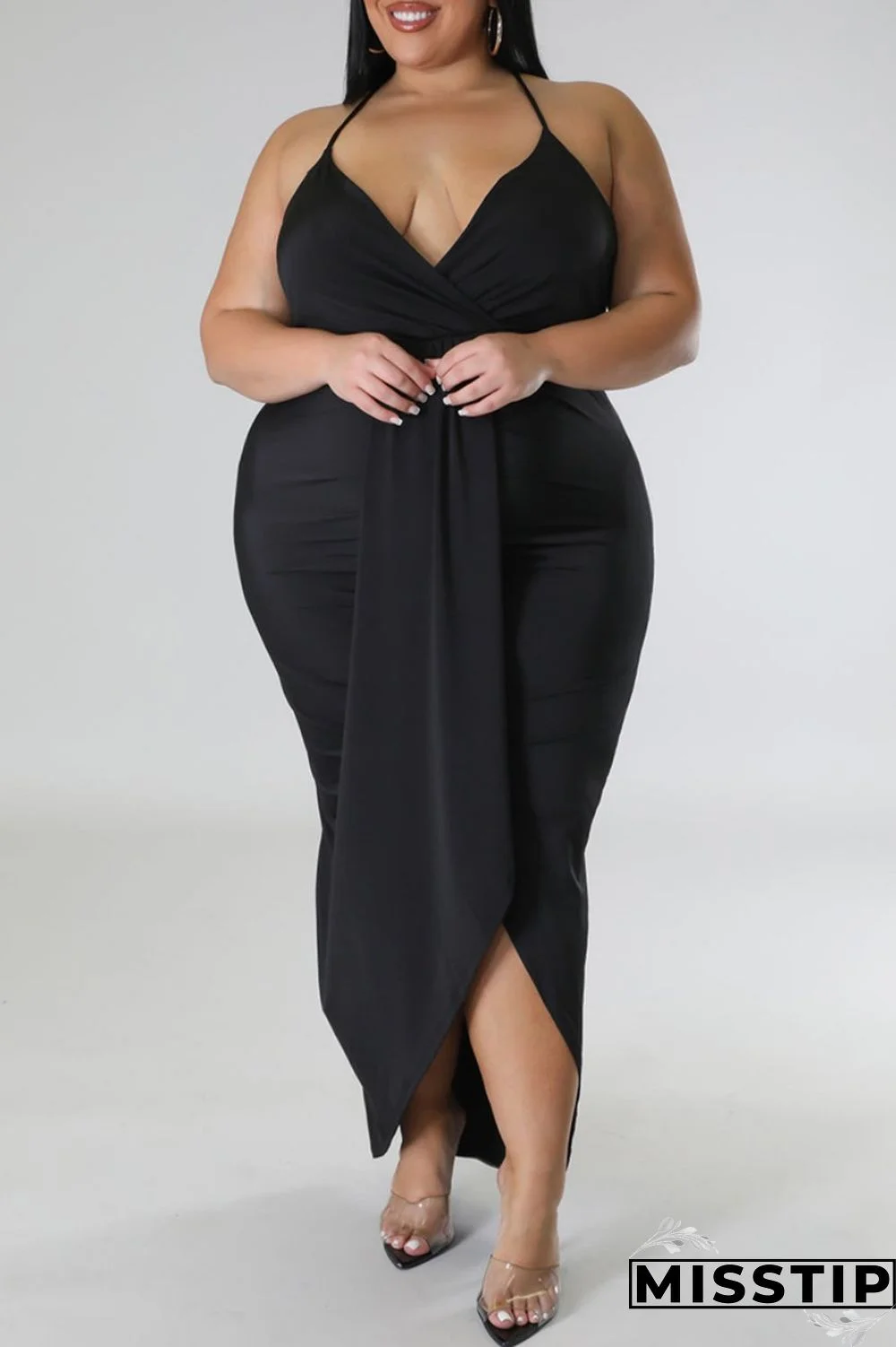 Purple Sexy Solid Patchwork Backless V Neck Sling Dress Plus Size Dresses