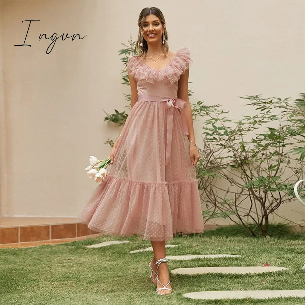 Ingvn - Fashion Trends V - Neck Mesh Polka Dot Summer Tulle Party Dress Women Backless Pink Ruffle
