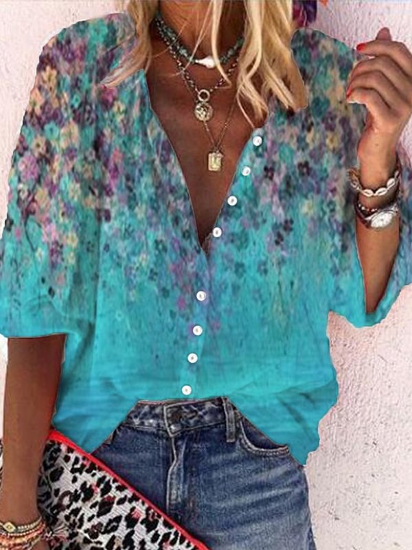 Casual floral pattern loose linen top