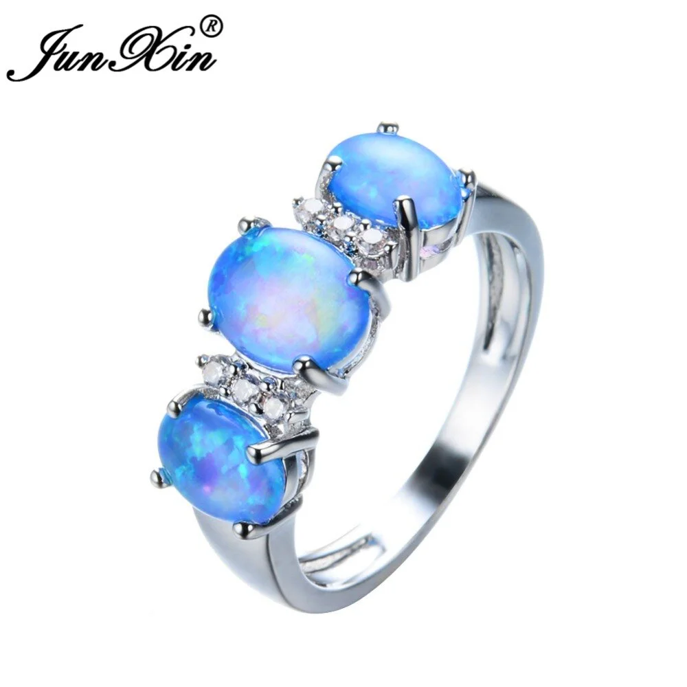JUNXIN Mystery Women Blue Oval Fire Opal Ring Fashion Gold Filled Jewelry Vintage Wedding Rings For Women Birth Stone Gifts