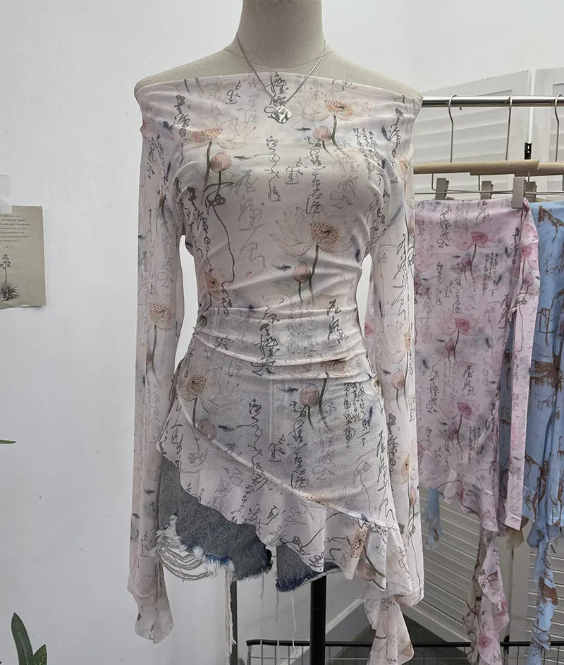 Brownm Purely Want A Word Shoulder Ink Print Tie-Dye Mesh Long-Sleeved Shirt Irregular Lotus Leaf Side Top 9936