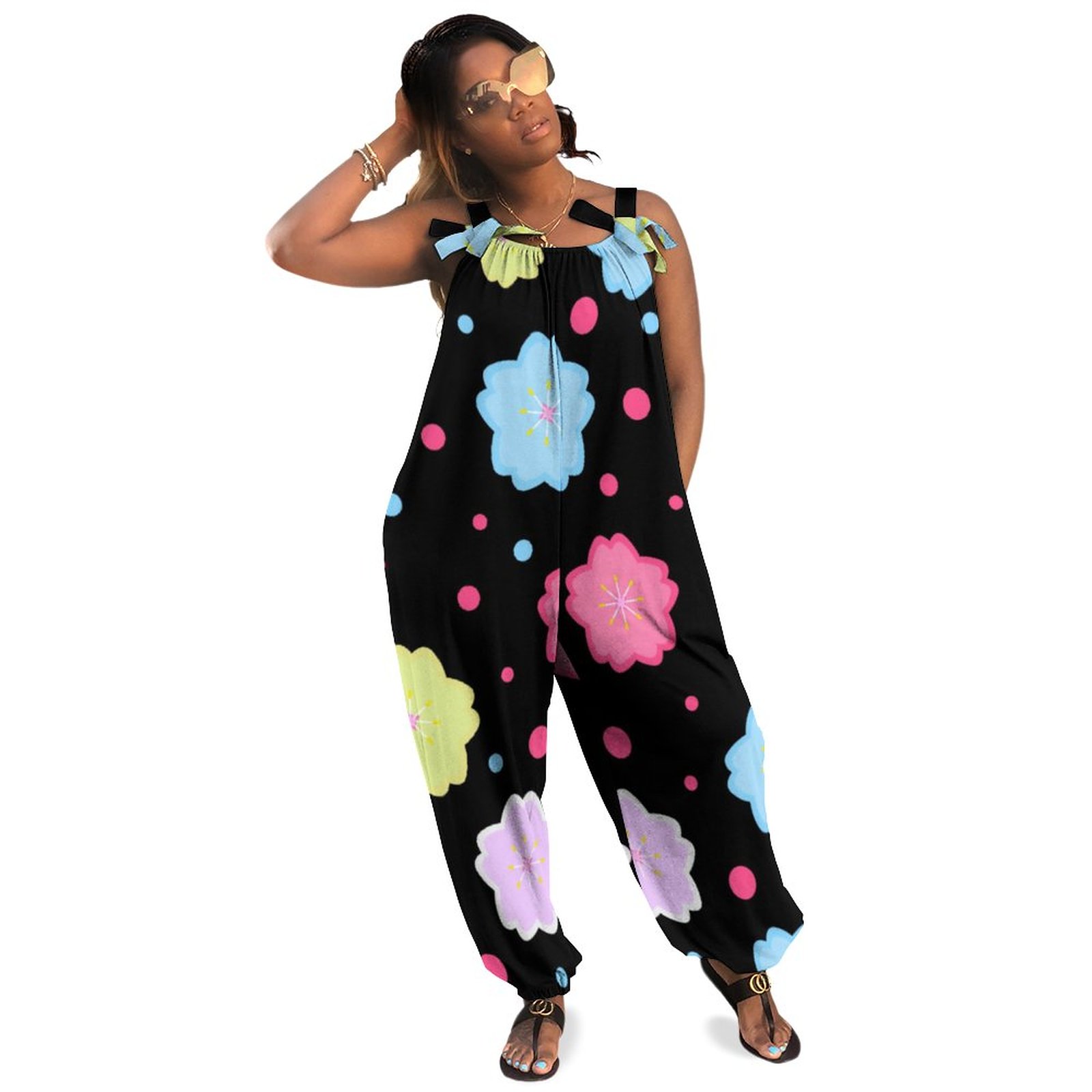Abstract Geometric Sakura Flowers Pattern Plus Size Women Rompers Summer Casual Loose Formal Jumpsuit for Homecoming Jersey Long Length Pockets