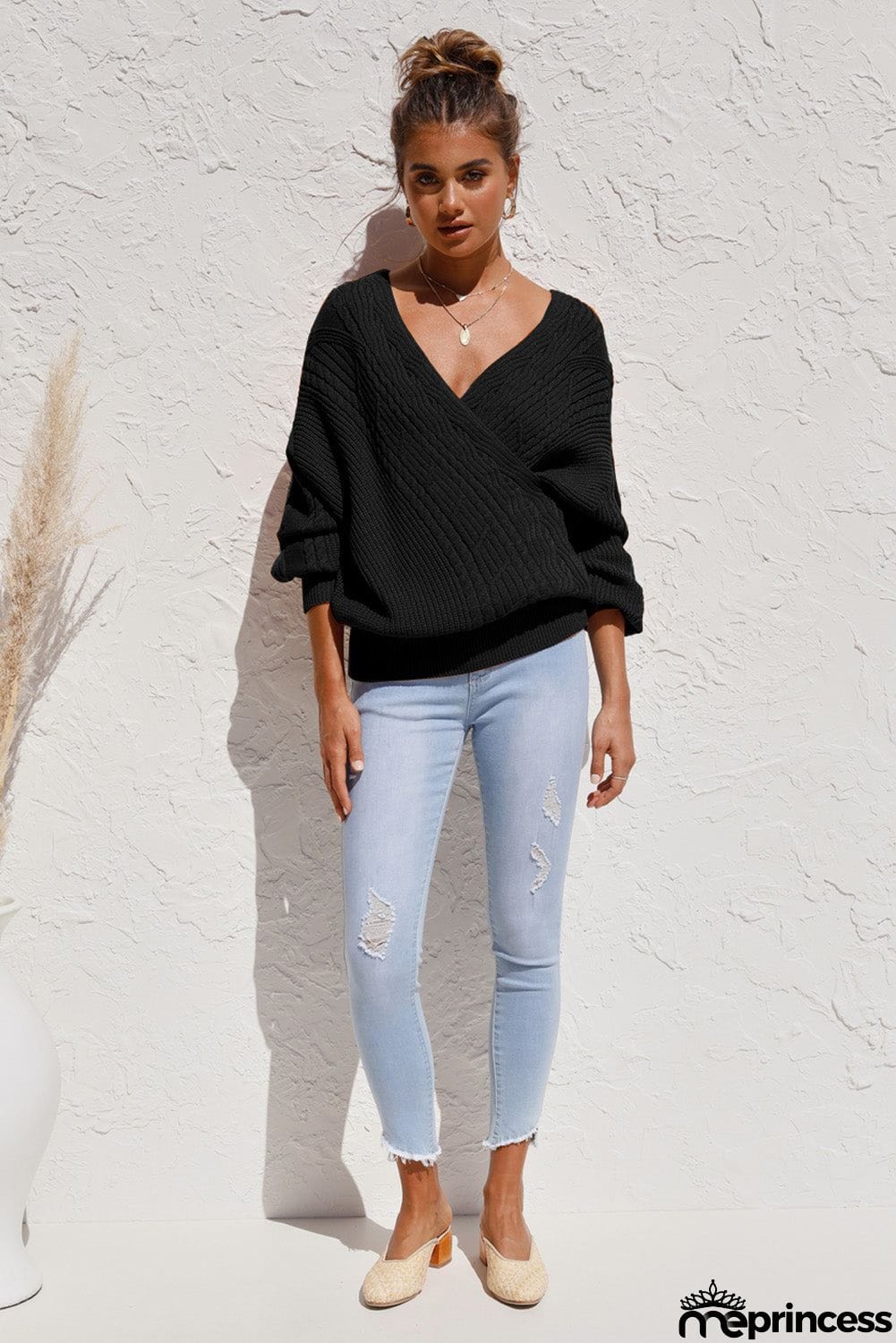 Beige Wrap V Neck Lantern Sleeve Textured Sweater