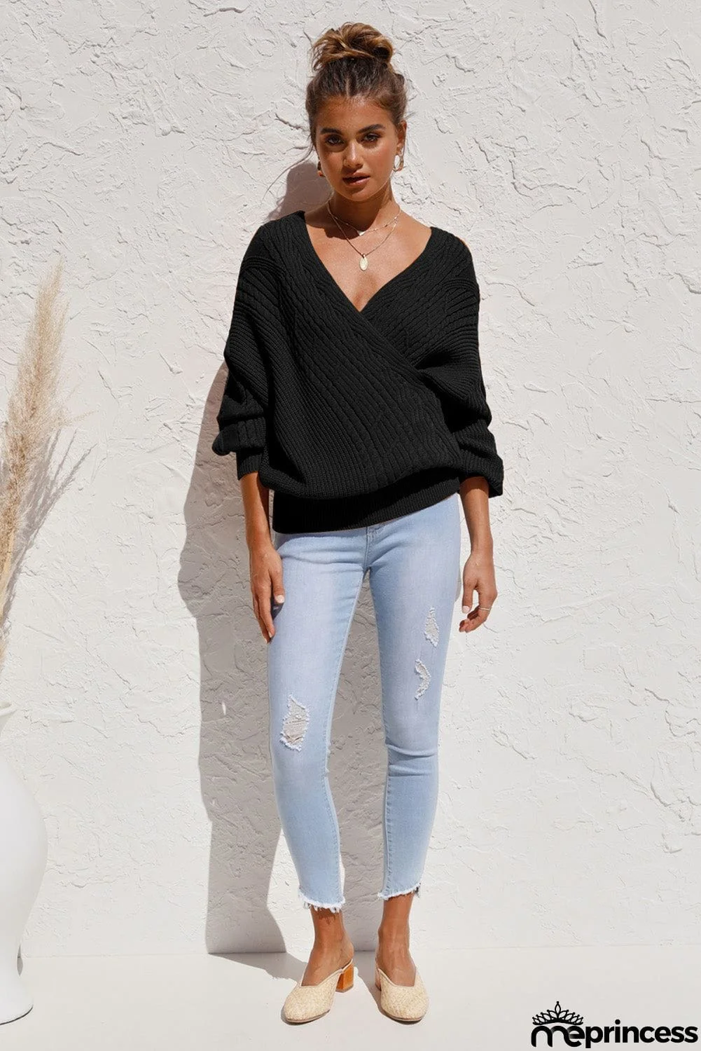 Beige Wrap V Neck Lantern Sleeve Textured Sweater