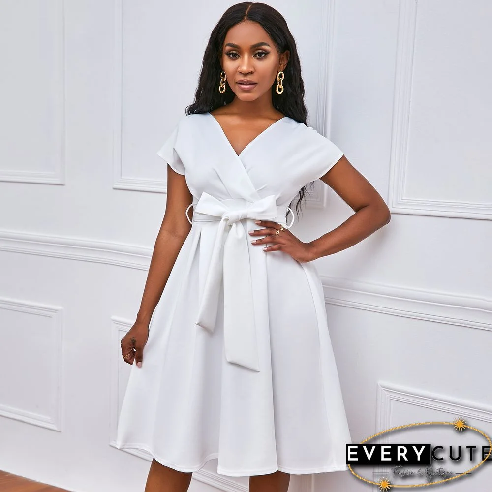 V-neck Solid Color Waist Bow Tie Dress White Dresses