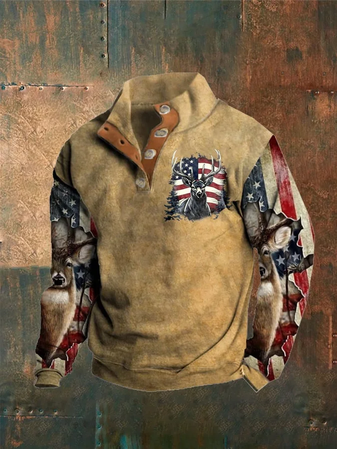 Men's Vintage Elk Flag Buttons Print Casual Sweatshirt