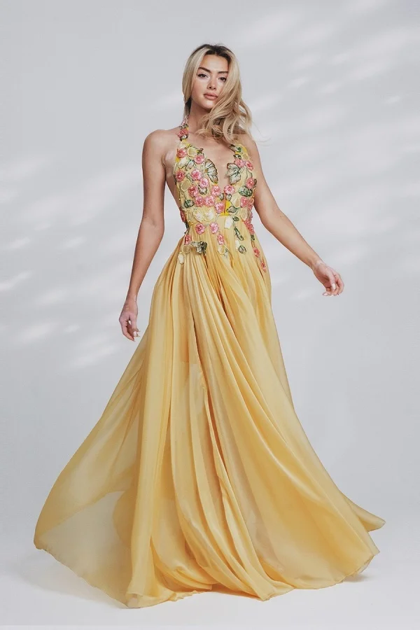 Miabel Stunning Daffodil Halter Embroidery Sleeveless Pearl Beaded Prom Dress   