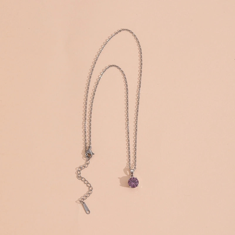 304 Stainless Steel Copper Inlay Round Artificial Crystal Zircon Pendant Necklace