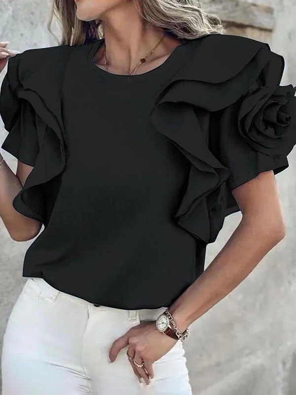 Loose Ruffle Sleeves Ruffled Solid Color Three-Dimensional Flower Round-Neck T-Shirts Tops