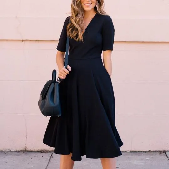 Trendy Plain V-Neck Short Sleeve Midi Dress-vocosishoes