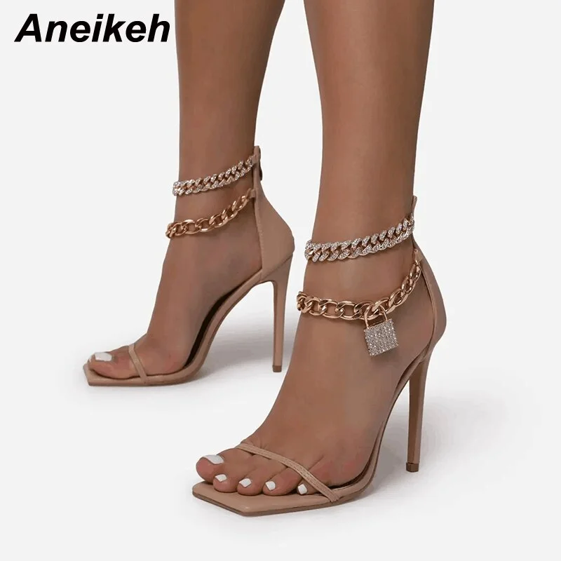 Aneikeh 2021 NEW Summer Women's Shoes Metal Chain Bling Rhinestone Decoration Sexy High Heel Ankle Zipper Ladies Party Shoes