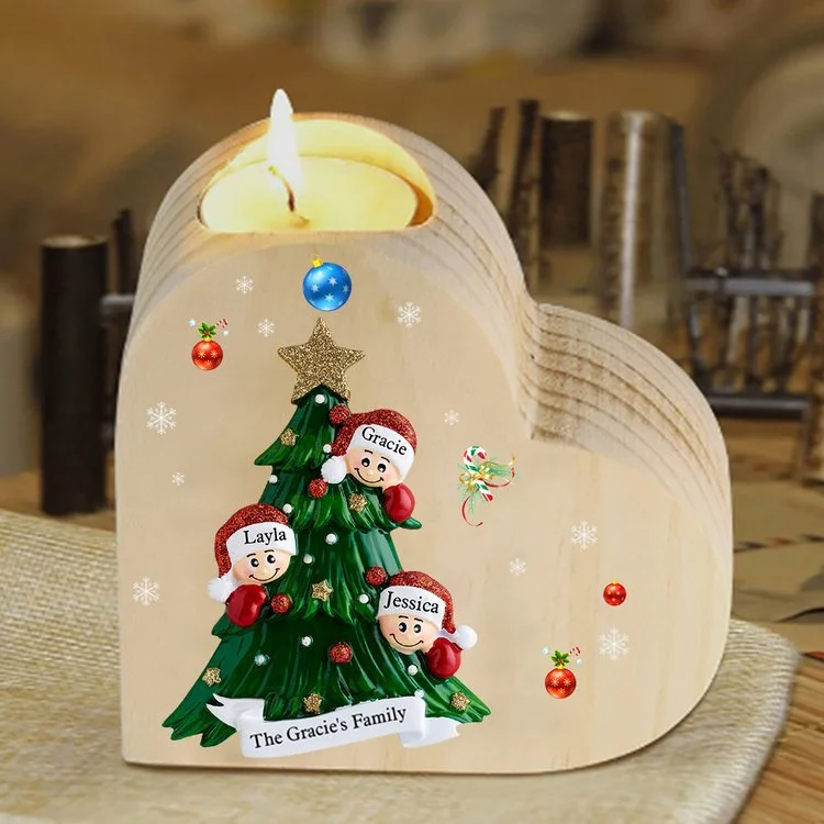 Navidad - Candelero con caja de corazón de madera árbol de familia personalizado con 3 nombres y 1 texto sin vela