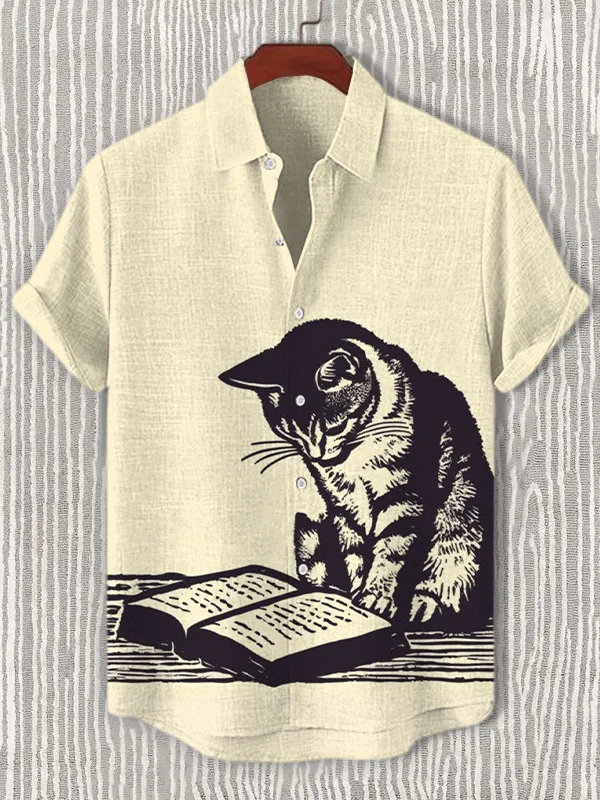 Men's Cat Reading Book Print Casual Short Sleeve Shirt