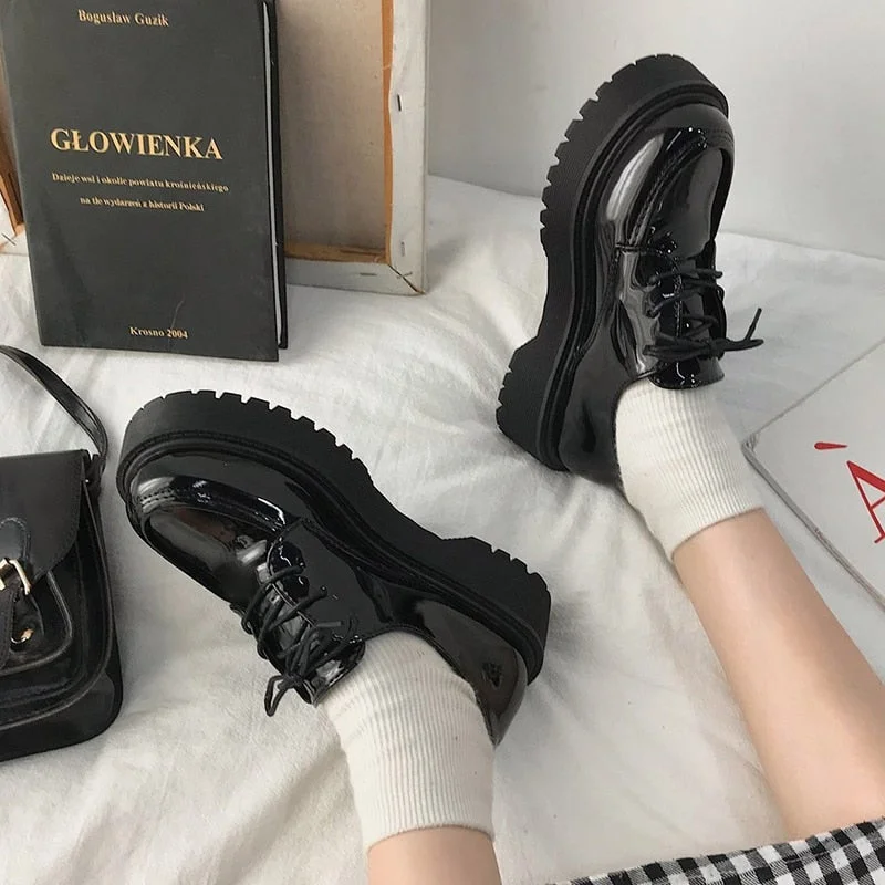 Lourdasprec JK uniform shoes Small leather shoes female British girl Japanese wild black retro Mary Jane shoes lolita Platform shoes low hee L11