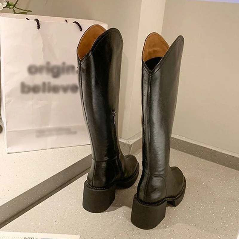 Women's Fashion Thigh High Long Boots Solid Square Heels Ladies Shoes Autumn Winter Soft Leather Zip Female Knee High Boots 2021