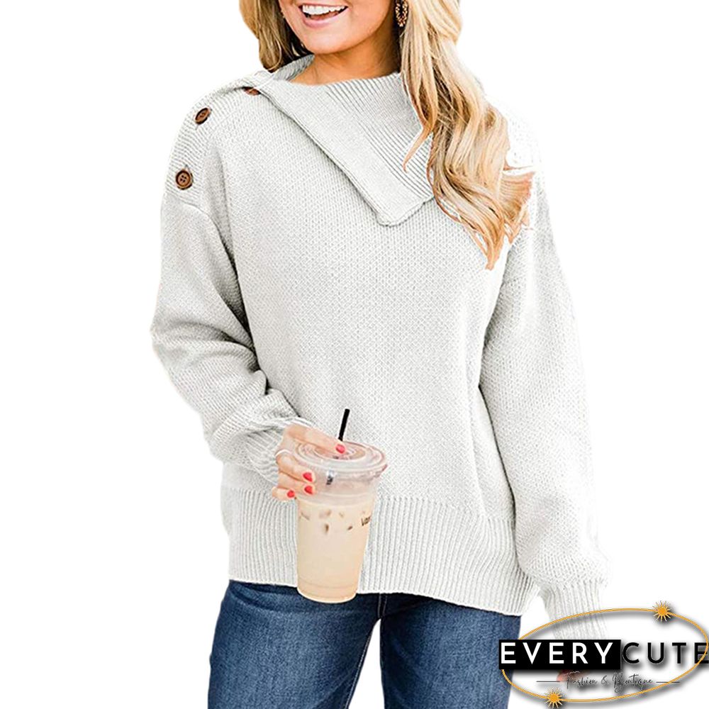 White Buttoned Cowl Neck Sweater