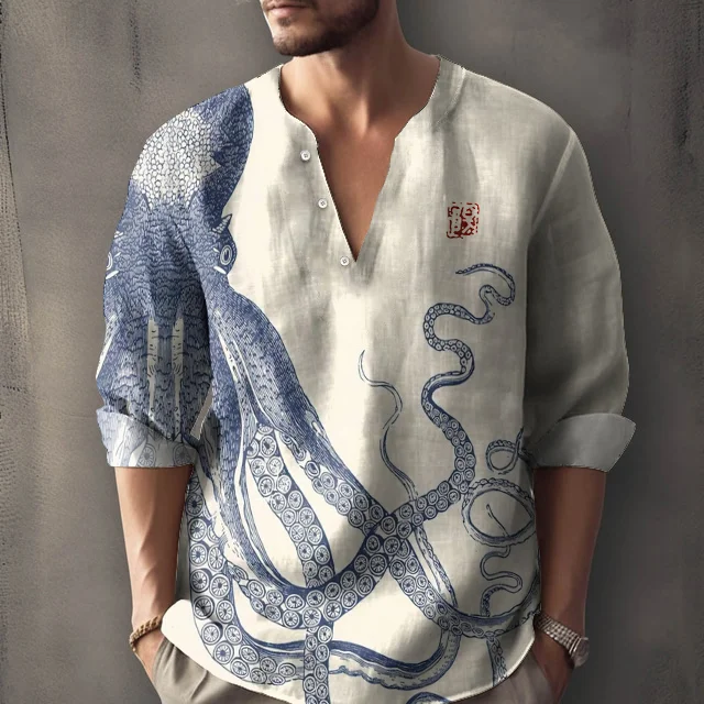 Vintage Japanese Art Octopus Pattern Print Casual Linen Blend Shirt