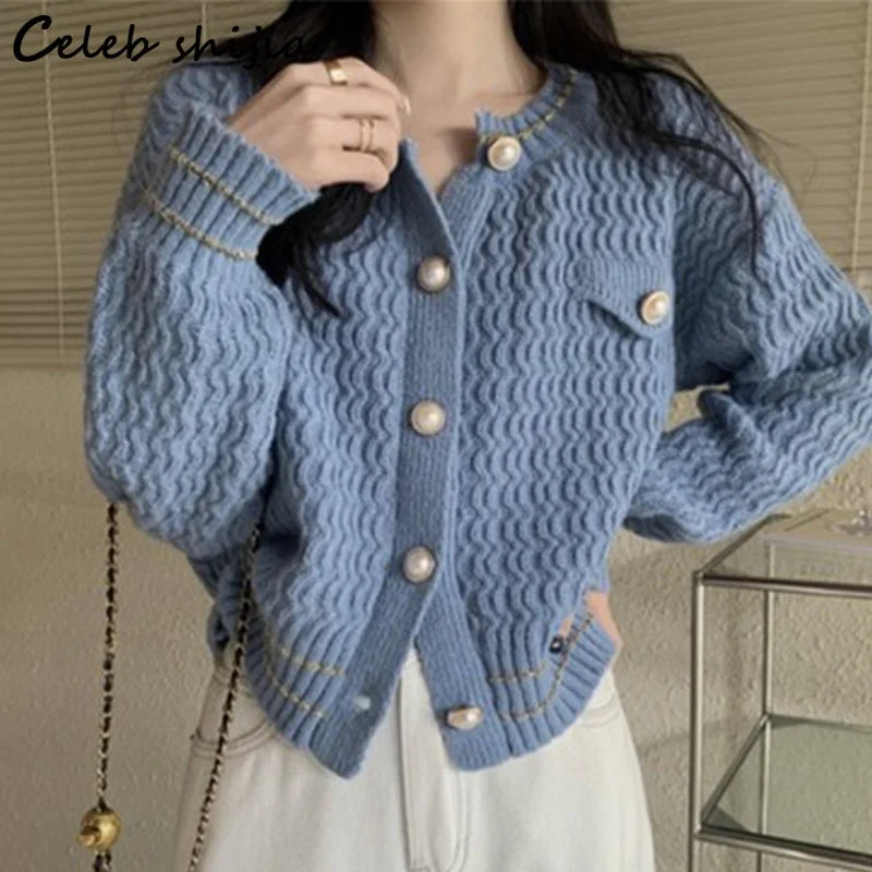 UForever21 Back to School Blue Knitted Cardigan Women 2022 Autumn Open Stitch Sweater Coat Female O-Neck OL Vintage Winter Clothes Women Korean
