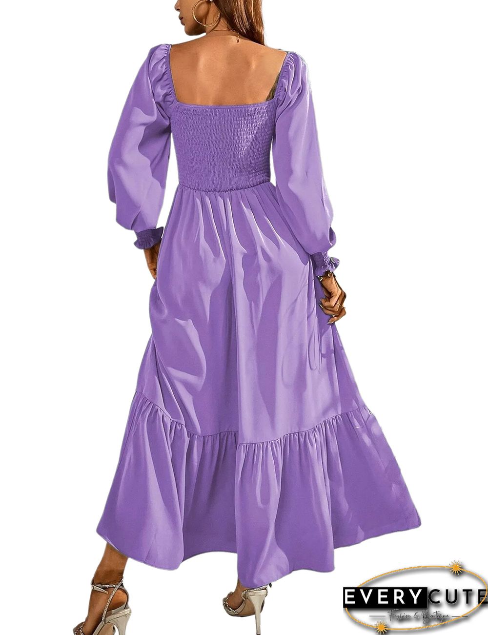 Purple Square Neck Pleated High Waist Maxi Dress