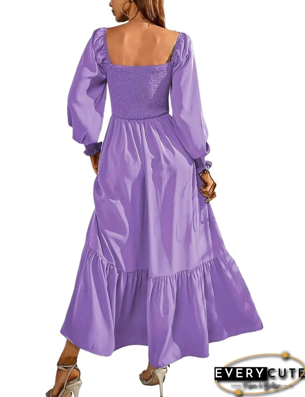 Purple Square Neck Pleated High Waist Maxi Dress
