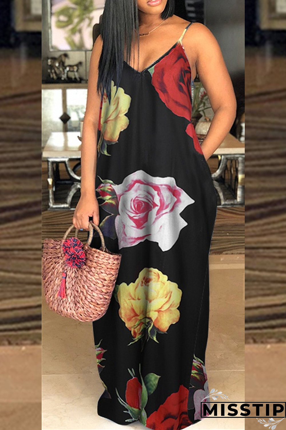 Black Sexy Print Patchwork Spaghetti Strap Straight Dresses