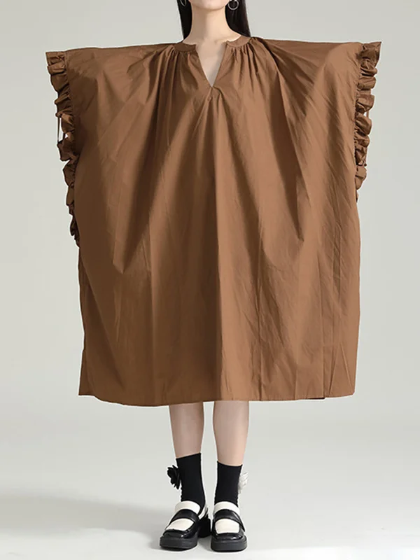 Solid Color Pleated Falbala Drawstring Short Sleeves Loose V-Neck Shirt Dress Midi Dresses