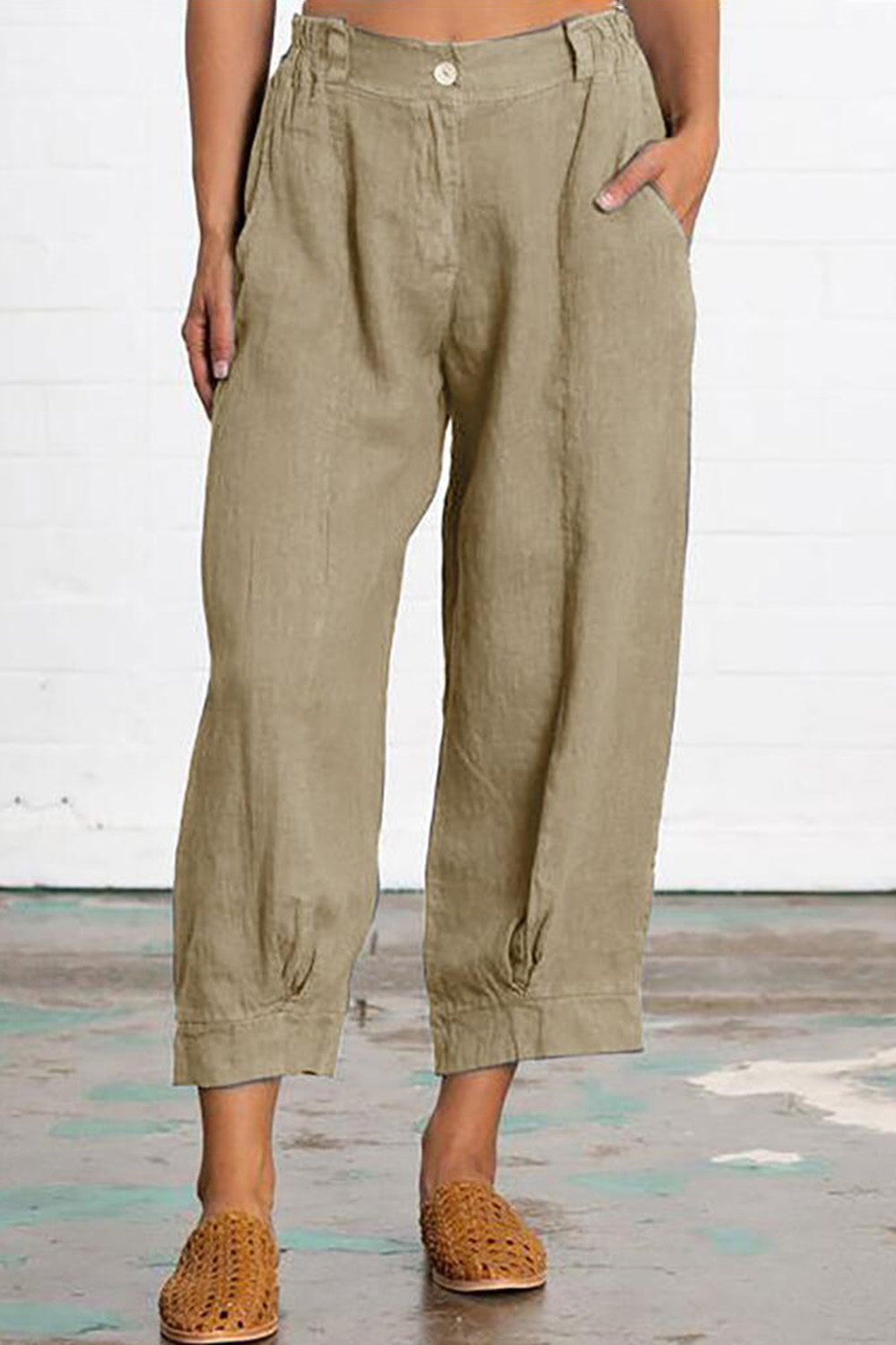 Plus Size Casual Brick Red Cotton And Linen Solid Pocket Loose Cropped Pants 2024 - Flycurvy 