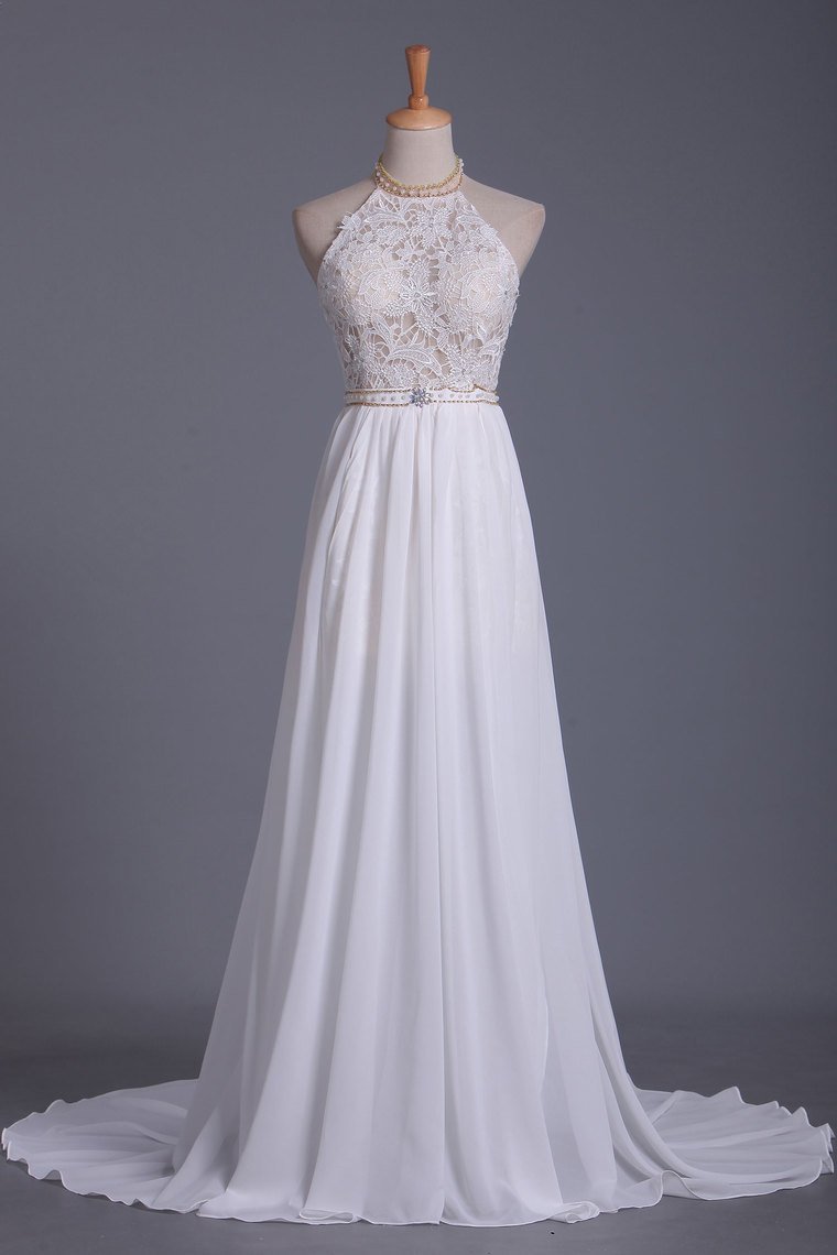 Halter Backless Chiffon A-Line Floor-length Wedding Dress With Ruffles ...
