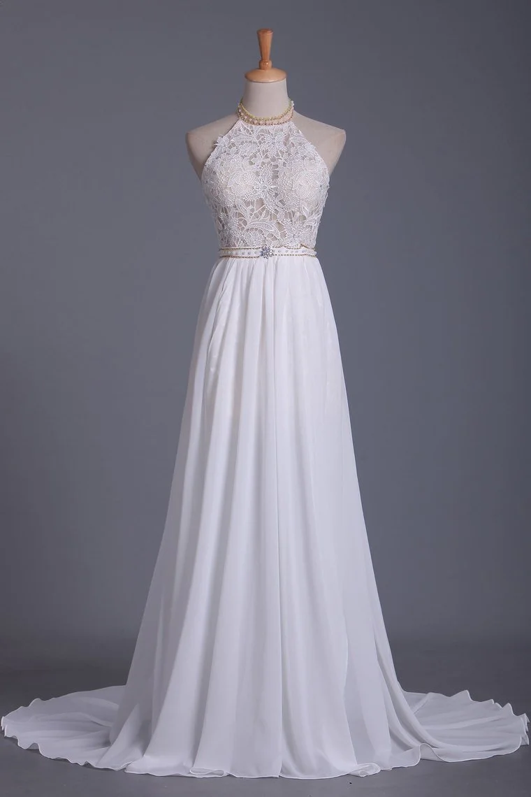 Halter Backless Chiffon A-Line Floor-length Wedding Dress With Ruffles Pearl Lace