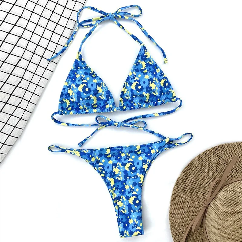 Peachtan Halter bikini set Floral print swimwear female Triangle swimsuit women String bathing suit Brazilian swimming suit 2021