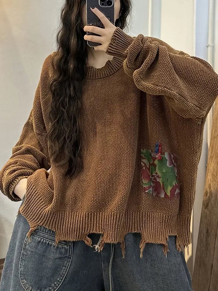 Women Knitted Patch Designs Irreagular Hem Sweater