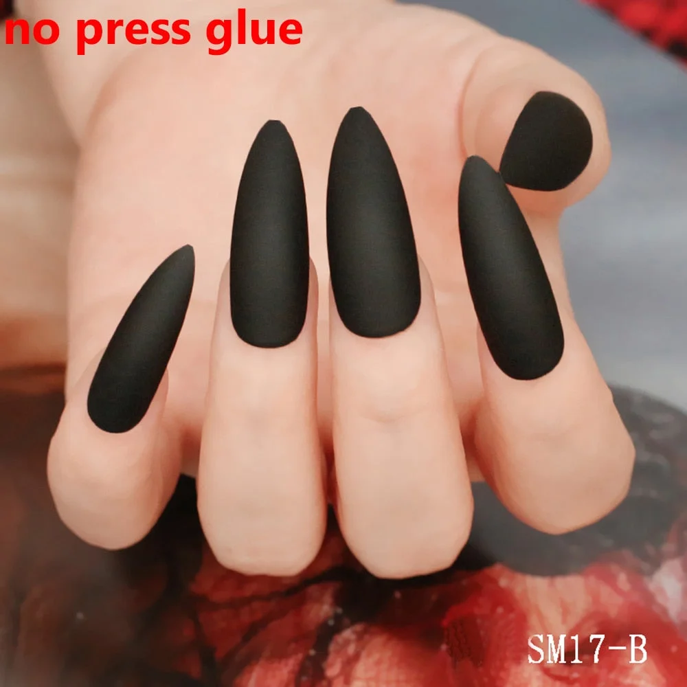 24pcs/set Long Stiletto Fake Nails Punk Snake Pattern Black White Matte False Nails Artificial Full Nail Tips Manicure Tools 515-1-Nail Inspo