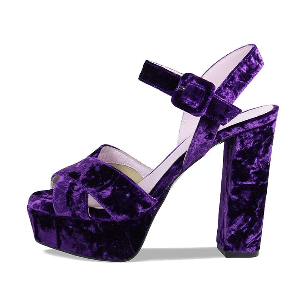 Purple Velvet Open Toe Ankle Strap High Heels Sandals with Platform
