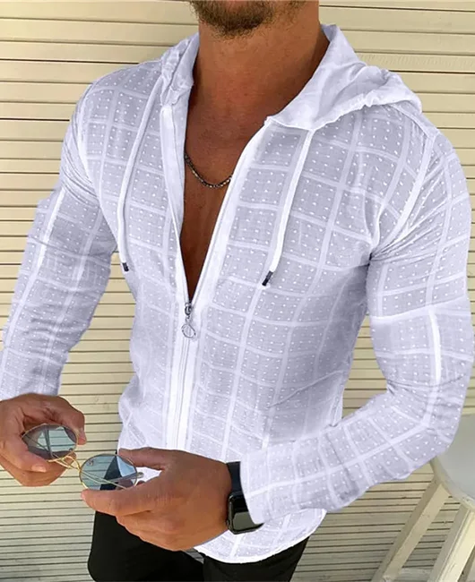 Casual Slim Fit Long Sleeve Linen Drawstring Grid Hoodie 