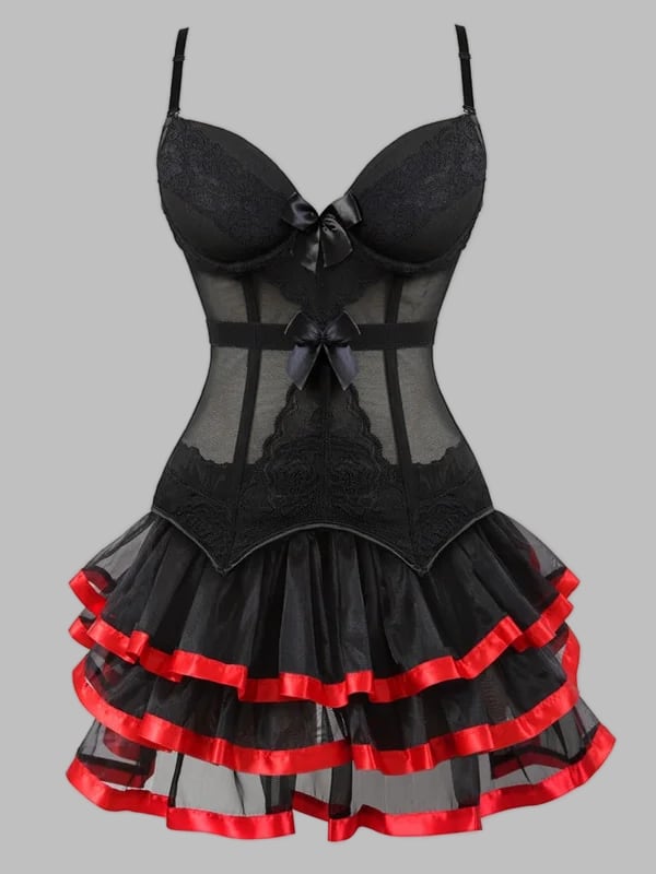 Gothic Dark Tiered Spaghetti Plunging Neck Bowknot See Through Mini Dress